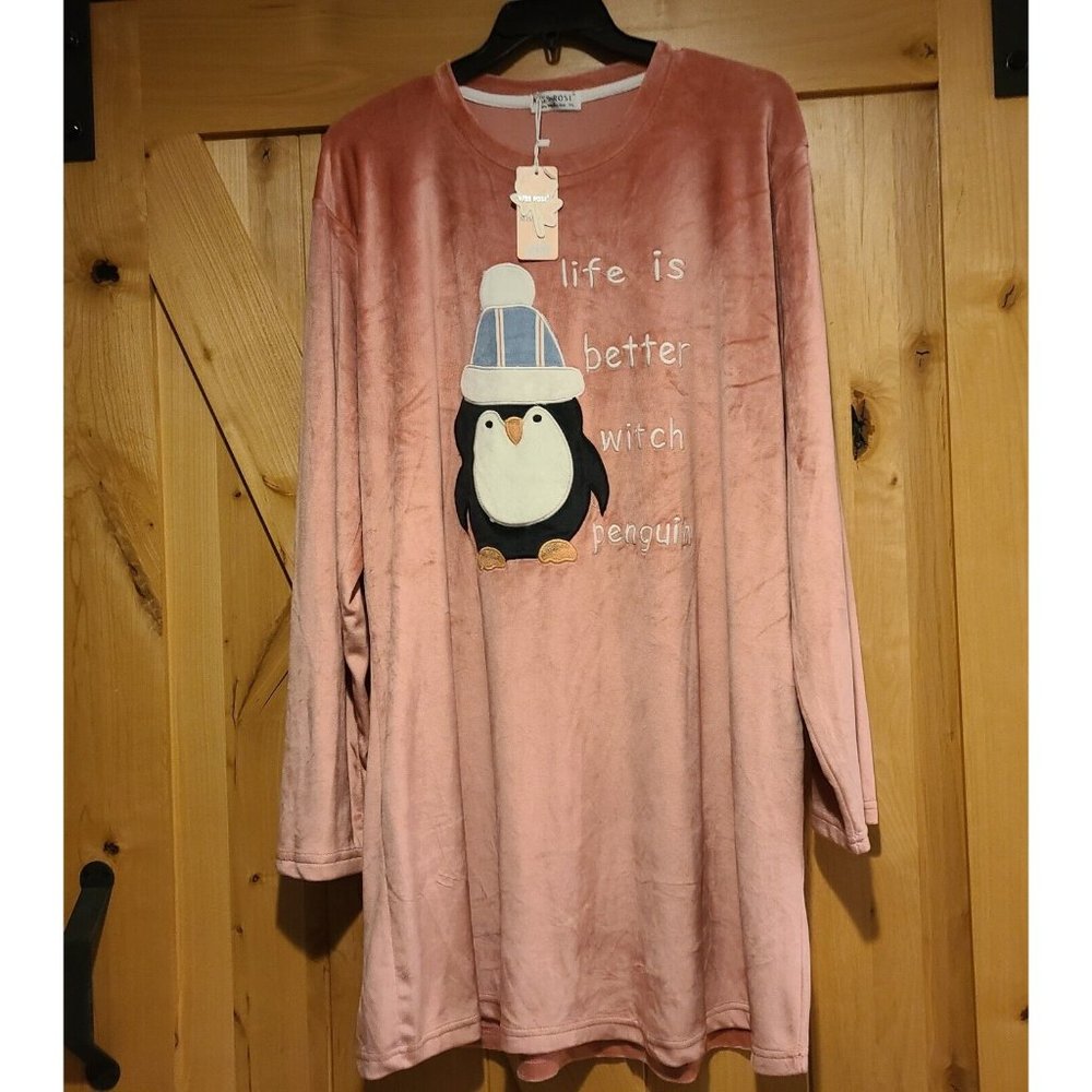 New! Miss Rose Sz 4XL Pink Velour Life is Better Witch Penguin Sleep Shirt Soft!